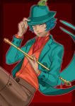  1boy blue_hair dark_skin dark_skinned_male fedora flute grey_eyes hat instrument krishna_(shin_megami_tensei_iv_final) magatsumagic male_focus shin_megami_tensei_iv_final solo staff 