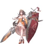  1girl breasts cannon capelet cleavage cleavage_cutout closed_mouth crc505 crown dress earrings emblem flag frills frown full_body gem grey_hair hair_between_eyes high_heels holding holding_shield holding_weapon jewelry leg_ribbon legs_crossed long_hair long_sleeves looking_at_viewer machinery mecha_musume messy_hair mismatched_legwear official_art pleated_dress polearm queen_elizabeth_(zhan_jian_shao_nyu) red_eyes red_shoes ribbon shield shoes skirt smokestack solo standing thigh-highs tiara transparent_background turret union_jack wave505 weapon white_ensign white_legwear white_skirt yellow_dress zhan_jian_shao_nyu 