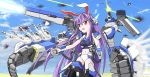  1girl :o animal_ears blue_sky blush breasts clouds day fighting_stance firing from_below highres laser long_hair looking_afar machinery mecha mecha_musume midriff misideluting missile navel open_mouth outdoors parted_lips purple_hair rabbit_ears red_eyes reisen_udongein_inaba sky solo touhou very_long_hair 
