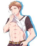  1boy abs borrowed_character brown_eyes brown_hair kugayama_yuuya looking_away looking_to_the_side male_focus muscle nipples original pecs shakeroe shirt_lift short_hair solo sweat tagme wiping_sweat 