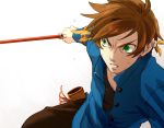 1boy angry blue_shirt brown_hair buttons earrings feather_earrings flying_sweatdrops gradient gradient_background green_eyes hair_ornament holding holding_weapon jewelry male_focus pants shirt short_hair simple_background solo sorey_(tales) sweatdrop sword tales_of_(series) tales_of_zestiria tasasakiamagu undershirt upper_body weapon white_background 