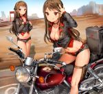  2girls :o :q anmi arch arm_up bikini bikini_under_clothes black_jacket black_shorts blue_sky box breasts brown_hair building buttons choker cleavage cliff closed_mouth collarbone copyright_request cropped_jacket day desert ground_vehicle gun hand_on_own_chest handgun highres holster jacket legs_together long_hair long_sleeves looking_at_viewer medium_breasts motor_vehicle motorcycle multiple_girls open_fly outdoors parted_lips pistol red_bikini red_eyes red_shirt sheath sheathed shiny shiny_skin shirt short_shorts shorts side-tie_bikini sitting sky standing summer swimsuit thigh_holster thigh_strap tongue tongue_out weapon 