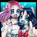  2girls :d blue_background blue_eyes blue_hair blue_tongue bow bubble flower ha-chan_(mahou_girls_precure!) hair_flower hair_ornament hairband hanami_kotoha heartcatch_precure! kurumi_erika long_hair looking_at_viewer mahou_girls_precure! multiple_girls ninomae open_mouth pink_hair pointing precure red_bow shirt smile upper_body white_shirt 