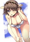  1girl ass bare_shoulders bikini blue_eyes blush breasts brown_hair cleavage gluteal_fold hairband hand_on_own_head hand_on_own_knee headgear hiei_(kantai_collection) kantai_collection large_breasts leaning_forward looking_at_viewer one_eye_closed shinshin short_hair side-tie_bikini solo swimsuit thigh_gap thighs twitter_username white_bikini 