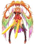  bird_wings boots breasts chinese_clothes cleavage cleavage_cutout dress dual_wielding earrings elbow_gloves gloves green_eyes jewelry large_breasts leilan_(p&amp;d) long_hair looking_at_viewer multicolored_wings orange_hair puzzle_&amp;_dragons short_dress smile sword thigh-highs thigh_boots tonton_(hamuni123) twintails weapon wings 