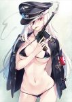 1girl bikini black_bikini blonde_hair breasts cowboy_shot gun handgun hat highres ikeda_yasuhiro large_breasts long_hair mauser_c96 md5_mismatch micro_bikini military military_uniform navel nazi original peaked_cap red_eyes shell_casing solo swastika swimsuit uniform weapon