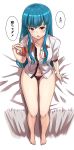  1girl bare_legs barefoot black_panties blue_hair full_body hinanawi_tenshi hips legs long_hair looking_at_viewer michihasu navel open_clothes open_shirt panties red_eyes shirt simple_background sitting solo thighs touhou underwear undone_bowtie undressing white_background 