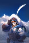  1girl blue_sky coat feathers fur_trim hand_on_goggles krusier long_sleeves mei_(overwatch) mountain open_mouth outdoors overwatch ski_goggles sky smile snow solo upper_body 