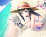  &gt;_&lt; 1girl :&gt; alternate_costume asashio_(kantai_collection) bare_shoulders beach bikini black_hair blue_bikini blue_eyes blue_sky blush breasts closed_eyes clouds cloudy_sky commentary_request drum_(container) gotou_hisashi hat heart kantai_collection leg_hug long_hair looking_at_viewer ocean rensouhou-chan sand sandals scrunchie side-tie_bikini sky smile squatting straw_hat swimsuit turret water wrist_scrunchie 