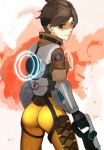  1girl ass bodysuit bomber_jacket brown_eyes brown_hair cowboy_shot from_behind from_side gloves goggles gun handgun jacket light_smile looking_at_viewer looking_back looking_to_the_side overwatch patch scroll_lock_(scrool5) short_hair signature solo spiky_hair tracer_(overwatch) union_jack weapon 