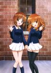  2girls ;d absurdres black_legwear brick_wall brown_eyes brown_hair girls_und_panzer hand_holding highres interlocked_fingers kneehighs long_hair multiple_girls nishizumi_miho official_art one_eye_closed open_mouth orange_hair pleated_skirt short_hair skirt smile takebe_saori thigh-highs v waving white_skirt 