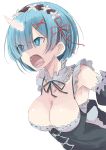  1girl absurdres blue_eyes blue_hair breasts cleavage eyes_visible_through_hair hair_over_one_eye hair_ribbon highres horn maid maid_headdress nao_(qqqbb) open_mouth re:zero_kara_hajimeru_isekai_seikatsu red_ribbon rem_(re:zero) ribbon short_hair simple_background sketch solo spoilers white_background x_hair_ornament 