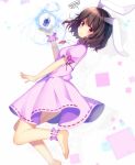  1girl animal_ears ankle_cuffs arm_garter barefoot black_hair blush bottle carrot_necklace dress from_side inaba_tewi koto_seori looking_at_viewer pink_dress poison puffy_short_sleeves puffy_sleeves rabbit_ears red_eyes short_hair short_sleeves skull_print solo squiggle touhou wrist_cuffs 