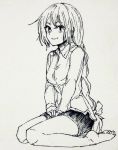  1girl boned-woo braid monochrome okazaki_yumemi seiza shirt sitting smile touhou touhou_(pc-98) 