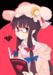  1girl adapted_costume aki_maki_yuu alternate_costume bespectacled blush book crescent glasses hair_ribbon hat heart highres long_hair looking_at_viewer mob_cap off_shoulder open_book patchouli_knowledge purple_hair red-framed_eyewear ribbon shirt smile solo striped touhou tress_ribbon upper_body violet_eyes 