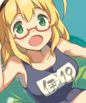  1girl bangs blonde_hair breasts commentary_request cosplay glasses green_eyes i-19_(kantai_collection) i-19_(kantai_collection)_(cosplay) i-8_(kantai_collection) innertube kantai_collection large_breasts long_hair looking_at_viewer nonco one-piece_swimsuit open_mouth red-framed_eyewear school_swimsuit sidelocks sketch solo swimsuit translation_request 