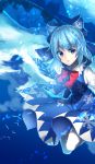  1girl :o bent_knees blue_bow blue_dress blue_eyes blue_hair bow cirno dress hair_bow highres ice ice_wings looking_at_viewer peach_camellia puffy_short_sleeves puffy_sleeves red_bow short_hair short_sleeves snowflake_print solo touhou wings 