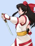  1girl ainu_clothes black_eyes black_hair blue_background bow dagger fingerless_gloves gloves hair_bow hairband hime_cut long_hair looking_at_viewer nakoruru red_bow reverse_grip samurai_spirits sash sheath solo spring_rain weapon 