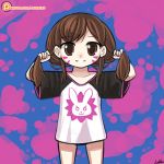  1girl artist_name bangs blue_background brown_eyes brown_hair bunching_hair chibi collarbone cowboy_shot d.va_(overwatch) facepaint facial_mark grin holding holding_hair long_hair looking_at_viewer lumineko no_pants overwatch patreon purple_background raglan_sleeves shirt short_sleeves signature smile solo swept_bangs t-shirt twintails watermark web_address whisker_markings younger 