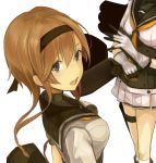  2girls :d adjusting_clothes adjusting_gloves akizuki_(kantai_collection) black_eyes blush braid breasts brown_hair gloves hairband holster kantai_collection kazabana_fuuka long_hair looking_at_viewer medium_breasts miniskirt multiple_girls neckerchief open_mouth pleated_skirt school_uniform serafuku skirt smile solo_focus teruzuki_(kantai_collection) thigh_holster twin_braids upper_body white_gloves white_skirt 