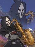  1boy bandolier face_mask gloves highres hood hooded_jacket instrument jacket jazz_for_your_soul_(meme) male_focus mask meme multiple_views overwatch projected_inset reaper_(overwatch) saxophone shotgun_shells splashbrush trench_coat 