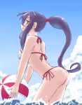  1girl alternate_costume ass ball beachball bikini black_hair clouds cloudy_sky hair_between_eyes kantai_collection long_hair midriff nabetomo open_mouth partially_submerged ponytail profile red_eyes scrunchie side-tie_bikini sky swimsuit thighs water white_bikini yahagi_(kantai_collection) 