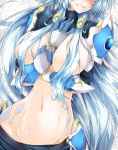  1girl blue_hair blush breasts clenched_teeth dragon_girl g_(desukingu) groin hair_over_breasts hands_on_own_chest head_out_of_frame highres large_breasts long_hair navel original solo stomach teeth 