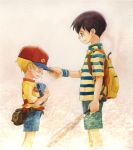  2boys backpack bag baseball_bat baseball_cap black_hair blonde_hair brown_eyes closed_eyes crossover fanny_pack graphite_(medium) hat hat_removed headwear_removed ichiyo_(ichiyon) lucas mother_(game) mother_2 mother_3 multiple_boys ness open_mouth revision shirt shorts smile striped striped_shirt tears traditional_media watercolor_(medium) wristband 