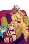  2boys animalization artist_name birthmark blonde_hair brown_eyes cat collar couch dio_brando earrings enrico_pucci fingernails headband heart jewelry jojo_no_kimyou_na_bouken lipstick long_fingernails makeup male_focus multiple_boys niitsumee pillow red_eyes signature smile white_hair yellow_lipstick 