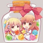  2girls :d blonde_hair bow bracelet brown_eyes brown_hair candy chibi dress flower futaba_anzu grey_background hair_flower hair_ornament haruna_hisui idolmaster idolmaster_cinderella_girls in_container jar jewelry long_hair moroboshi_kirari multiple_girls open_mouth red_bow red_ribbon ribbon simple_background sitting smile star star_hair_ornament twintails white_dress 