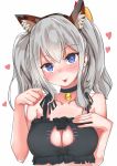  1girl :p animal_ears bell bell_choker black_bra blue_eyes bra breasts cat_cutout cat_ears cat_lingerie choker cleavage cleavage_cutout fake_animal_ears grey_hair heart heart-shaped_pupils highres kantai_collection kashima_(kantai_collection) looking_at_viewer short_hair simple_background st_on symbol-shaped_pupils tongue tongue_out twintails underwear white_background 