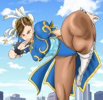  1girl blue_dress boots bracelet breasts brown_eyes brown_hair brown_legwear bun_cover capcom china_dress chinese_clothes chun-li city clouds double_bun dress female highres jewelry kicking large_breasts legs looking_at_viewer murata_yuusuke pantyhose pelvic_curtain short_hair sky solo spiked_bracelet spikes street_fighter thick_thighs thighs white_boots 