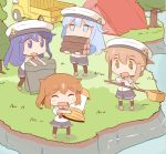  0_0 4girls ^_^ ^o^ akatsuki_(kantai_collection) anchor_symbol blue_hair brown_hair closed_eyes commentary_request fangs hanomido hat hibiki_(kantai_collection) ikazuchi_(kantai_collection) inazuma_(kantai_collection) kantai_collection long_hair multiple_girls open_mouth river sailor_hat school_uniform serafuku short_hair tent work_in_progress 