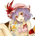  1girl :d adapted_costume bare_shoulders bikini blush bow breasts collarbone flower frilled_bikini frills hat hat_flower hibiscus kazabana_fuuka lavender_hair looking_at_viewer mob_cap open_mouth pink_bikini red_bow red_eyes remilia_scarlet short_hair small_breasts smile solo swimsuit touhou tropical_drink upper_body 