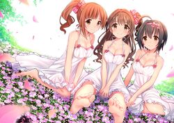  3girls ahoge barefoot black_hair blurry breasts brown_eyes brown_hair cleavage depth_of_field dress feet field flower flower_field hairband half_updo idolmaster idolmaster_cinderella_girls igarashi_kyouko kohinata_miho long_hair looking_at_viewer medium_breasts multiple_girls one_side_up petals pink_check_school pov_feet shimamura_uzuki short_hair side_ponytail sitting u_rin white_dress 