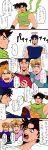  5koma absurdres afterimage angel_wings anger_vein blonde_hair blue_hair brown_hair caesar_anthonio_zeppeli closed_eyes comic crop_top dio_brando facial_mark fang fingerless_gloves frown gloves green_eyes halo headband highres honest_axe jojo_no_kimyou_na_bouken jonathan_joestar joseph_joestar_(young) midriff motion_lines muscle open_mouth parody red_eyes sachiko_(rinana239) scarf smile striped striped_scarf sweat sweatdrop translated triangle_mouth winged_hair_ornament wings 