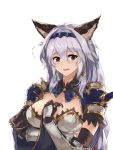  1girl animal_ears armor armored_dress blurry braid breast_hold brown_eyes cat_ears erun_(granblue_fantasy) gauntlets granblue_fantasy hair_between_eyes hair_intakes hair_tubes hairband hand_on_own_chest heles highres long_hair looking_at_viewer open_mouth shy silver_hair simple_background single_braid solo spaulders very_long_hair wavy_mouth white_background white_crow 