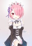  1girl black_dress blush breasts detached_sleeves dress frills hair_ornament hair_over_one_eye highres looking_at_viewer maid maid_headdress open_mouth pink_hair ram_(re:zero) re:zero_kara_hajimeru_isekai_seikatsu red_eyes ribbon short_hair smile solo uchuuneko x_hair_ornament 