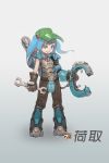  armor blizzard_(company) blue_eyes blue_hair crossover eyepatch gloves hair_bobbles hair_ornament hat highres kawashiro_nitori long_hair mechanical_arm multiple_girls overwatch short_hair torbjorn_(overwatch) touhou twintails two_side_up zhengyifan7 