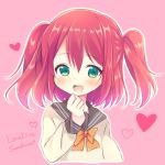  1girl :d artist_request asymmetrical_hair blue_eyes copyright_name hand_on_own_chin kurosawa_ruby looking_at_viewer love_live! love_live!_sunshine!! neckerchief open_mouth redhead school_uniform serafuku shirt short_hair short_sleeves side_ponytail simple_background smile solo two_side_up upper_body white_background white_shirt 