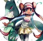  10s blue_eyes bow double_bun holding holding_poke_ball irima_(doron) legwear_under_shorts long_hair mei_(pokemon) pantyhose pixiv_1218756 poke_ball pokemon pokemon_(creature) pokemon_(game) pokemon_bw2 raglan_sleeves serperior shorts twintails very_long_hair visor_cap white_background 