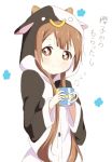  1girl animal_costume brown_eyes brown_hair buttons coffee_mug cow_costume long_hair oomuro_hanako pajamas simple_background smile solo steam toma_(shinozaki) white_background yuru_yuri 