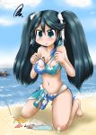 1girl adapted_costume alternate_costume asymmetrical_clothes bare_arms bare_shoulders beach black_hair blue_eyes blush breasts commentary_request floral_print hair_ribbon isuzu_(kantai_collection) ka-class_submarine kantai_collection large_breasts long_hair looking_at_viewer navel open_mouth ouno_(nounai_disintegration) ribbon solo swimsuit torn_bikini torn_clothes torn_swimsuit twintails 