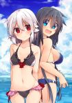  2girls :d adyisu altair_floone area_aquamarine arms_behind_back back-to-back bikini black_hair blue_bikini blue_eyes bow bow_bikini breasts clouds cloudy_sky collarbone cowboy_shot frilled_bikini frills front-tie_bikini front-tie_top long_hair looking_at_another looking_back medium_breasts multiple_girls navel ocean open_mouth original red_eyes short_hair side-tie_bikini sideboob sky small_breasts smile swimsuit twitter_username white_hair 