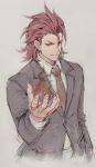  1boy fire formal gou_(ga673899) granblue_fantasy hair_between_eyes highres looking_at_viewer male_focus necktie percival_(granblue_fantasy) red_eyes redhead simple_background sketch smile solo suit 