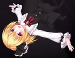  1girl adapted_costume black_legwear blonde_hair hair_ribbon highres kitou_kaitai open_mouth outstretched_arms red_eyes ribbon rumia solo touhou upside-down 