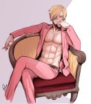  1boy abs armchair belt blonde_hair chair chin_rest cigarette facial_hair hair_over_one_eye hand_on_own_face male_focus one_piece open_clothes open_shirt pink_suit sanji shirt sitting solo 