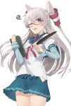  1girl amatsukaze_(kantai_collection) brown_eyes clipboard cosplay glasses hair_ribbon hair_tubes hayashi_kewi hip_vent kantai_collection long_hair looking_at_viewer navel one_eye_closed ooyodo_(kantai_collection) ooyodo_(kantai_collection)_(cosplay) open_mouth pleated_skirt quill ribbon school_uniform semi-rimless_glasses serafuku silver_hair simple_background skirt solo tress_ribbon two_side_up white_background windsock 