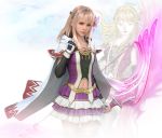  1girl 3d amano_yoshitaka blonde_hair bow_(weapon) cape clouds fina_(ff_be) final_fantasy final_fantasy_brave_exvius flower gloves hair_flower hair_ornament long_hair navel official_art red_eyes simple_background skirt solo weapon white_background 