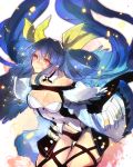  1girl bare_shoulders blue_hair blush breasts cleavage detached_sleeves dizzy guilty_gear guilty_gear_xrd hair_ribbon leaning_forward long_hair looking_at_viewer oro_(sumakaita) panties parted_lips red_eyes ribbon smile solo standing underwear very_long_hair 